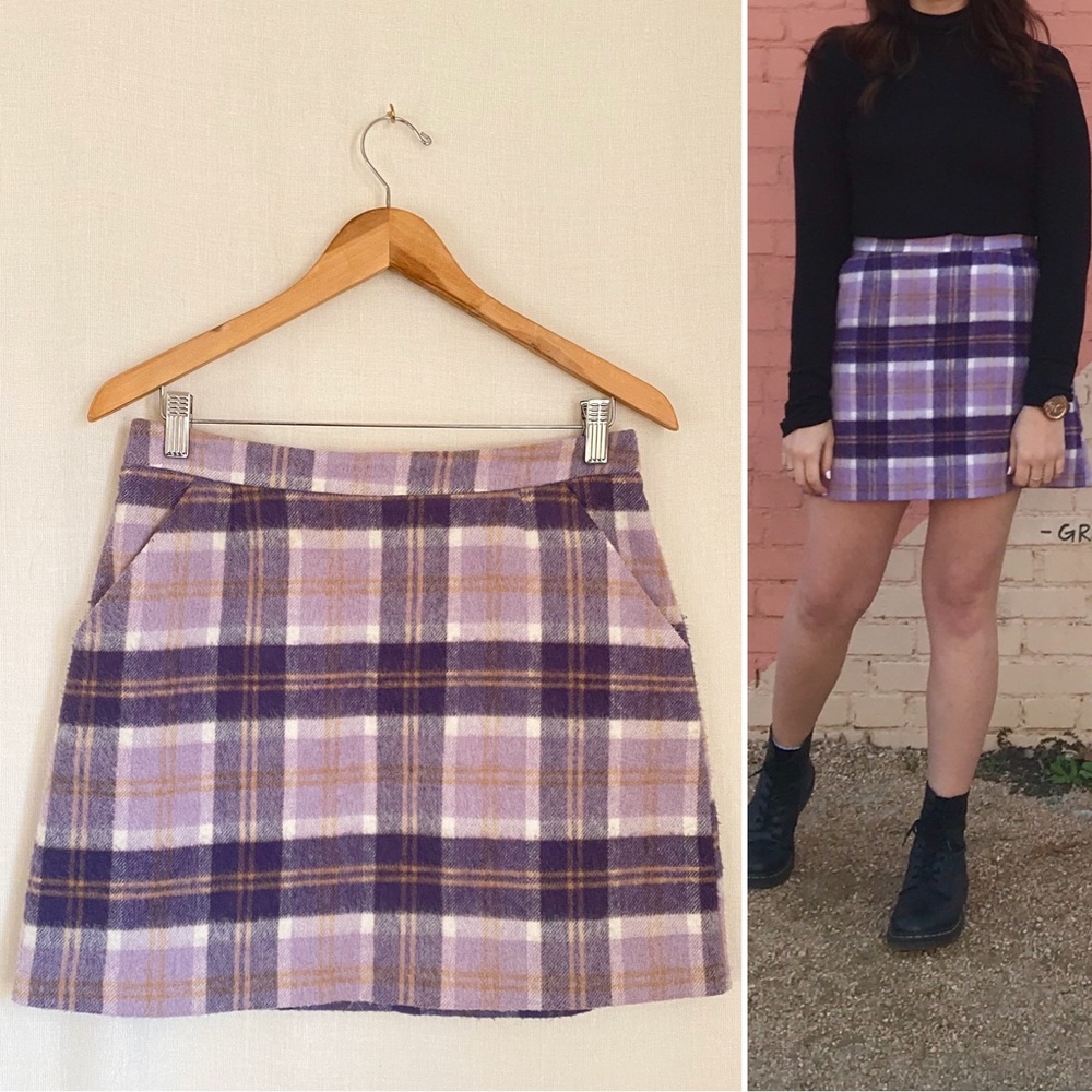 Topshop Purple Plaid Wool Skirt w/ Pockets Sz US 8